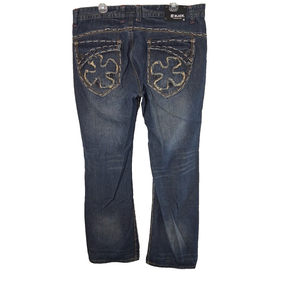 OOAK Buckle Black Mens Jeans Size 38 Low‎ Rise Boot Cut Hand Embroidered Western